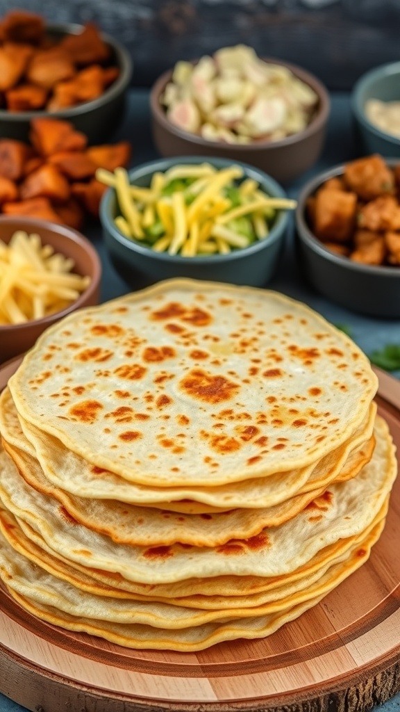 A stack of carnivore-friendly tortillas made from eggs and cheese, with fillings in the background.